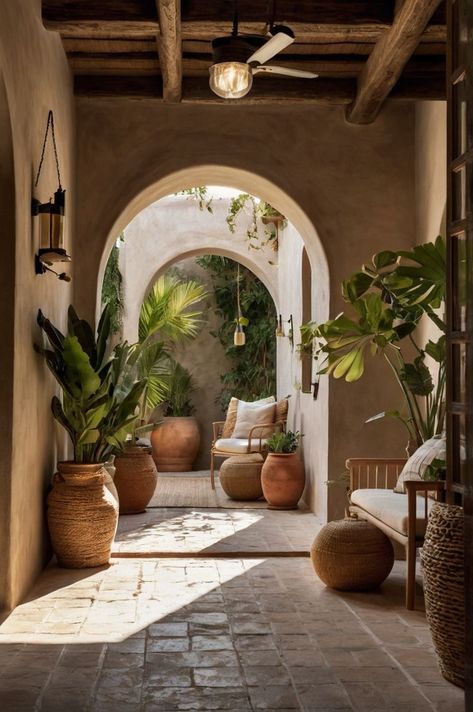 A cozy Mediterranean-style interior featuring arched doorways, rustic wooden ceilings, and natural decor like potted plants and woven rugs for a warm, inviting atmosphere. Arched Doorways, Mediterranean Aesthetic, House Concept, Arch Doorway, Natural Decor, Decor Elements, Wooden Ceilings, Home Aesthetic, Living Room Inspo