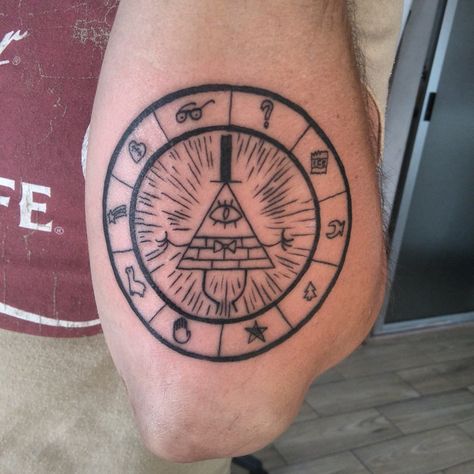 Bill Cipher Tattoo | Gravity Falls Bill Tattoo Gravity Falls, Bill Cipher Tattoo, Gravity Falls Tattoo Ideas, Tattoo Bills, Bill Tattoo, Nerdy Tattoos, Autumn Tattoo, Cartoon Character Tattoos, Bill Cipher