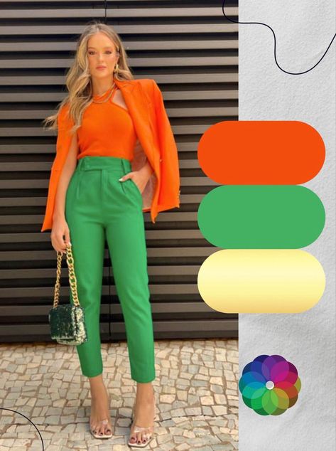 Green Outfits For Women, Green Pants Outfit, Colour Combinations Fashion, Color Combos Outfit, Trendy Outfit Ideas, Color Blocking Outfits, Color Combinations For Clothes, Orange Outfit, Fall Outfit Ideas