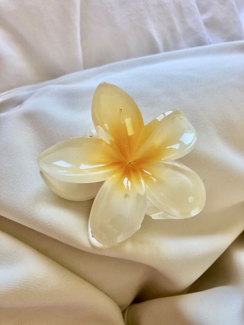 Hair clip,aesthetic flower yellow, summer vibe! Beige color around Flower Claw Clip, Hawaiian Flower, New Flower, Hair Tips Video, روتين العناية بالبشرة, Hair Accessories Clips, Hawaiian Flowers, African Clothing Styles, Flower Accessories