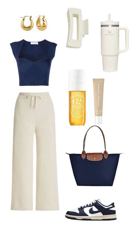 Aesthetic outfit with cream pants, navy top,longchamp bag, stanly Navy Blue Longchamp Bag Outfit, Beige Longchamp Bag Outfit, Navy Blue And Cream Outfit, Navy Longchamp Bag Outfit, Navy And Cream Outfit, Wednesday Fits, Long Champ Bag Outfit, Blue Bag Outfit, Uni Clothes