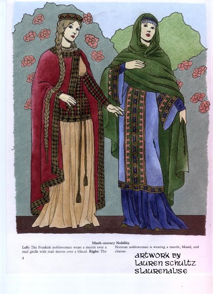 Ninth Century Medieval Dress. Artwork by @SLaurenAlise. With this drawing, I significantly altered Tom Tierney's original illustration, adding the rose bushes and embroidered bands to the dress of the woman on the right. Kievan Rus Clothing, Winged Sleeves, Slavic Clothing, Kievan Rus, Ukrainian Culture, Russian Clothing, Ukrainian Style, Medieval Garb, Medieval Clothes