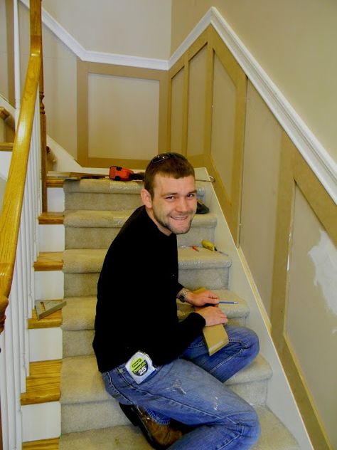 wainscoting on stairway.  I need to do this to mine. Bedroom Wood Trim, Shaker Wainscoting, Wainscoting Shelf, Wainscoting Backsplash, Wainscoting Stairway, Wainscoting Foyer, Wainscoting Office, Dark Wainscoting, Simple Wainscoting