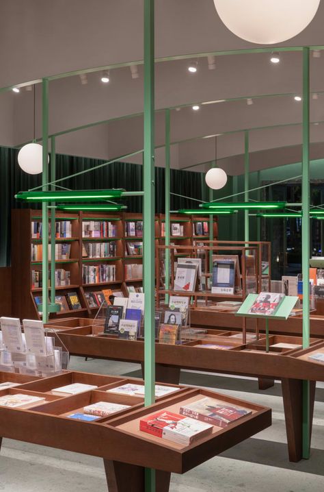 Curtain Shelves, Kindergarten Facade, Stone Doorway, Glass Bookshelves, Bookstore Design, God's Eyes, Book Shops, Wooden Cart, Metal Columns