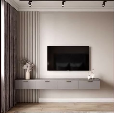 Tv Wall Grey, Small Wall Tv Unit Design, Tv Zone Interior Design, Simple Tv Wall, Tv Background Wall Design, White Sofa Design, Modern Bedroom Dressers, Modern Tv Unit Designs, Bedroom Tv Wall