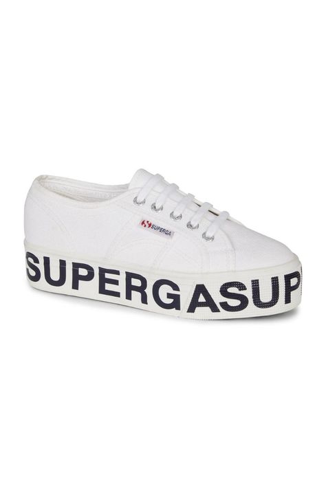 Go Big or Go Home! These unique 2790 flatforms stands out from the rest with new bold superga lettering across the sole. Wear yours to add an edgy twist to your every day looks. White Sporty Platform Sneakers With Logo, White Low-top Platform Sneakers With Logo-print Tongue, Luxury White-soled Canvas Platform Sneakers, Superga White Sneakers, White Superga, Superga Platform Sneakers, Superga Platform, Flatform Sneakers, Go Big Or Go Home