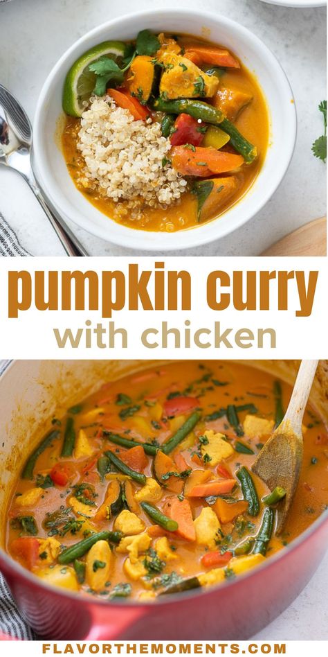 Pumpkin Curry is packed with tender chunks of chicken, pumpkin and veggies in a creamy flavorful coconut red curry sauce!  It's an easy weeknight dinner that's great for meal prep and it's freezer friendly! #curry #glutenfree #dinner Pumpkin Coconut Chicken Curry, Chicken With Pumpkin Recipe, Pumpkin And Chicken Recipes, Chicken And Pumpkin Recipes, Chicken Sweet Potato Curry, Thai Pumpkin Curry, Coconut Red Curry, Easy Fall Dinner, Pumpkin Stew