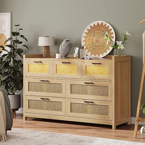 AOGLLATI Dresser for Bedroom with Led Light, Natural Rattan 7 Drawer Dressers, Dressers & Chests of Drawers, Closet Wooden Long Bedroom, Hallway, Entryway #commissionearned #ad Rattan Dresser, Dresser In Closet, Long Dresser, Drawers Bedroom, Dresser For Bedroom, 7 Drawer Dresser, Hallway Entryway, Tall Dresser, Wooden Dresser