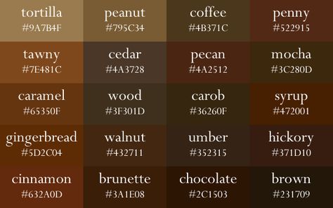 Color names, now in gradient order - Album on Imgur Brown Color Names, Dark Academia Color Palette, Dark Academia Color, Color Names Chart, Colour Names List, Hex Color Palette, Brown Color Palette, Name List, Color Palette Design