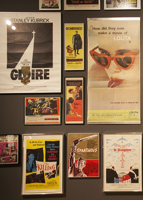 Film posters Lolita Stanley Kubrick exhibit LACMA Film Gallery Wall, Movie Poster Wall Bedroom, Stanley Kubrick Exhibition, Movie Posters Wall, Gallary Wall, Retro Living Room Decor, Film Decor, Living Room Artwork, Geek Room