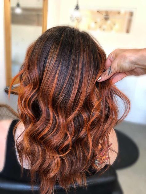 Black Hair Copper Balayage, Black Hair With Copper Balayage, Orange Balayage Hair Brunettes, Black To Auburn Hair, Copper Balayage On Dark Hair, Copper Balayage On Black Hair, Orange Highlights In Brown Hair, Dark Hair With Copper Highlights, Black Hair With Copper Highlights