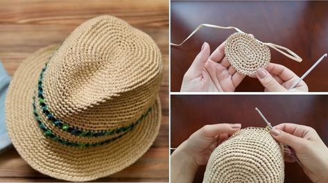 Fedora Hat Crochet Tutorial - Design Peak Hat Crochet Tutorial, Crochet Fedora, Cappello Cloche, Crochet Summer Hats, Crochet Santa, Crochet Hat Free, Crochet Butterfly, Crochet Hats Free Pattern, Crochet World