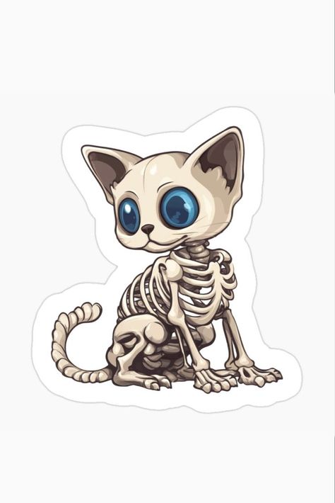 A cute Kawaii style skeleton cat sticker with blue eyes and pronounced bones. Kawaii Skeleton, Cute Halloween Decor, Skeleton Cat, Halloween Kitchen Decor, Cat Skeleton, Perfect Cute, Cat Kawaii, Halloween Kitchen, Funny Skeleton