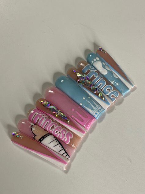 Gender Reveal Acrylic Nails, Nail Technician Aesthetic, Gender Reveal Nails Ideas, Reveal Nails, Nails Packaging, Xxl Nails, Gender Reveal Nails, Baby Shower Nails, Character Nails