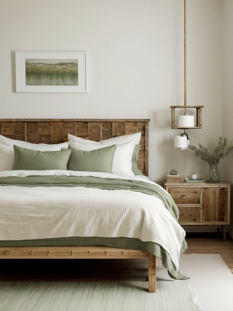 White Cream Sage Green Bedroom, Sage Duvet Bedroom, Wood And Sage Bedroom, Sage And Cream Bedroom Aesthetic, Grey Green And Wood Bedroom, Casaluna Bedding Sage Green, Wood White And Green Bedroom, Sage Green Bed Sheets White Comforter, Green And White Bed Sheets