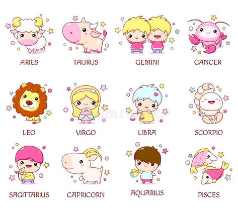 Zodiac Cartoon Characters, Cute Zodiac Drawings, Kawaii Zodiac Signs, Kawaii Zodiac, Cute Mini Drawings, Signs Book, Nft Ideas, Birth Symbols, Cute Zodiac