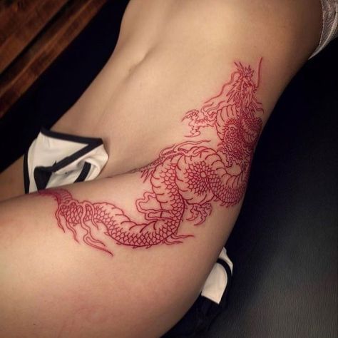 Dragon Tattoo Wrist, Dragon Tattoo Hip, Dragon Thigh Tattoo, Thigh Piece Tattoos, Dragon Tattoo Meaning, Red Dragon Tattoo, Red Tattoo Ideas, The Red Dragon, Cute Hand Tattoos