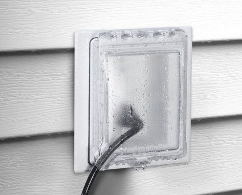 Mount #electricaldevices either horizontally or vertically in the #MR420 recessed #inuseweatherproof outlet cover from TayMac. Use it in new work or old work! Adapters in the kit accommodate single gang duplex, GFCI or round receptacles. Can be stud or wall mounted. Siding Types, Chalet Ideas, New House Exterior, Types Of Siding, Electrical Code, Vinyl Wood, Lap Siding, Brick Block, Recessed Wall