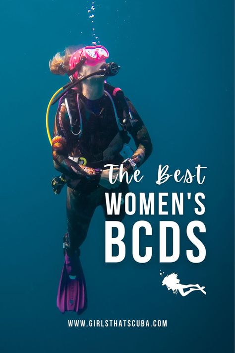 Woman scuba diver looks to the surface wearing a white BCD and purple fins. Overlaid white text reads "The Best Women's BCDs", followed by the Girls that Scuba logo of a woman diver silhouette. Vs Wings, Scuba Bcd, Scuba Equipment, Women's Diving, Scuba Diving Equipment, Best Scuba Diving, Scuba Gear, Scuba Diving Gear, Thailand Beaches