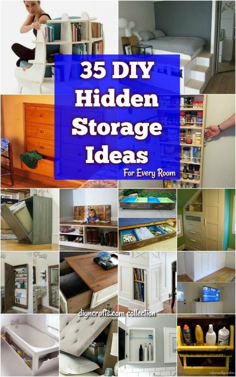 35 Space Saving DIY Hidden Storage Ideas For Every Room - 35 of the BEST DIY organizing ideas that provide hidden storage space. Includes DIY plans to create hidden storage for kitchen, bathroom, living room and bedroom. #organizing #storage #builtin #bathroom #bedroom #furniture Diy Hidden Storage Ideas, Hidden Storage Ideas, Diy Hidden Storage, Diy Space Saving, Diy Bedroom Storage, House Storage, Diy Regal, Diy Rangement, Diy Space