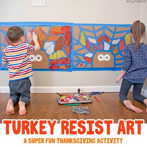 Turkey Tape Resist Art: The Coolest Thanksgiving Activity - Busy Toddler Turkey Painting, Preschool Crafts Fall, Turkey Art, Easy Toddler Activities, Thanksgiving Activities For Kids, Thanksgiving Preschool, Thanksgiving Art, Thanksgiving Crafts For Kids, Thanksgiving Kids