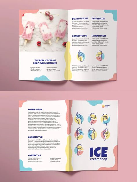 Ice Cream Shop Bifold Brochure Template. Bifold brochure template is perfect for business and corporate purposes. This package contains clean, modern and high-quality bifold brochure templates. Easy to edit and customize, versatile, attractive design and ready for the promotion as well as other marketing goals. Works perfectly for different areas to showcase your business in the best possible way. Ice Cream Brochure, Fish Sketch, Mom Poems, Brochure Design Layout, Ice Cream Design, Bi Fold Brochure, Timeline Design, Flyer Design Templates, Marketing Goals