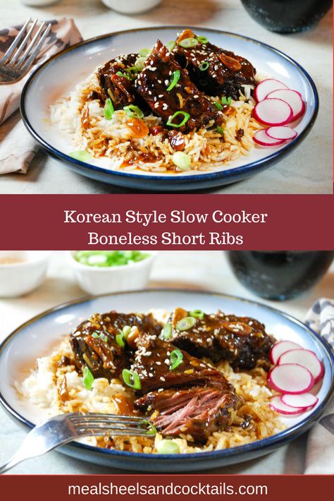 Korean Style Slow Cooker Boneless Short Ribs - Meals, Heels & Cocktails Boneless Ribs Crockpot, Short Ribs Korean, Boneless Ribs Recipe, Short Rib Recipes Crockpot, Beef Chuck Short Ribs, Korean Short Ribs, Boneless Short Ribs, Boneless Pork Ribs, Short Ribs Slow Cooker