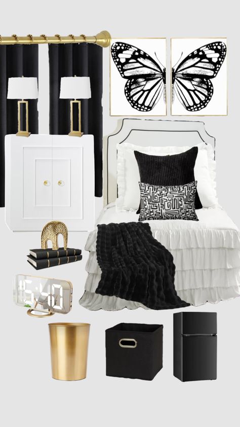 Black and Gold Dorm Design! 🖤 #dormroom #interiordesign #college #dorminspo Black White And Gold Room Decor, Black And Gold Room Aesthetic, Dorm Room Black And White, White And Gold Bedding, College Bedroom Apartment, Dorm Design, Gold Rooms, Gold Bed, Dorm Inspo