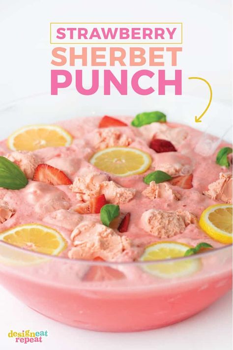 Perfect for baby showers or just as a refreshing summer drink, this pink strawberry sherbet punch can be whipped up in less than 10 minutes using a few simple ingredients! Summer Bridal Shower Food, Valentine Lunch, Pink Punch Recipes, Strawberry Sherbet, Design Eat Repeat, Shower Punch, Sherbet Punch Recipes, Strawberry Punch, Party Punches