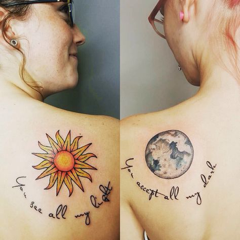 Best friend tattoos. "You see all my light" and "you accept all my dark" You See All My Light And Love My Dark Tattoo, Light And Dark Tattoo Ideas, Unique Friend Tattoos, Sunflower Best Friend Tattoos, Childhood Friend Tattoos, Long Distance Tattoo Ideas Best Friends, Long Distance Best Friend Tattoos, Light And Dark Tattoo, Distance Tattoos