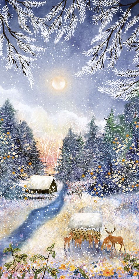 December Moon, Winter Illustration, Free Phone Wallpaper, Moon Illustration, Winter Nature, Dreamy Art, Christmas Wallpaper, Whimsical Art, Christmas Art