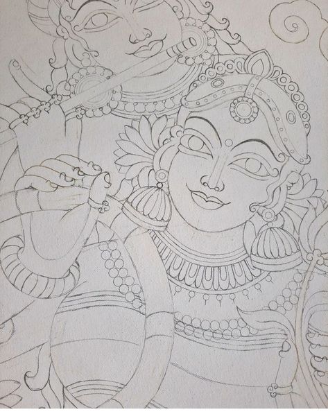 Kerala Mural Painting Outline Sketches Krishna, Kerala Mural Painting Sketch, Kerala Mural Painting Outline, Mural Painting Outline, Mural Painting Outline Sketches, Simple Kerala Mural Painting Sketch, Kerala Mural Painting Outline Sketches, Radhakrishna Paintings, Kerala Drawing