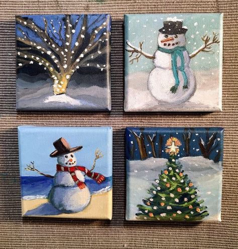 Mini Canvas Art Christmas, Mini Christmas Canvas Paintings, Xmas Paintings On Canvas, Mini Christmas Canvas, Mini Christmas Paintings, Christmas Painting For Kids, Holiday Paintings On Canvas, Christmas Paintings On Canvas Easy Diy, New Year Painting