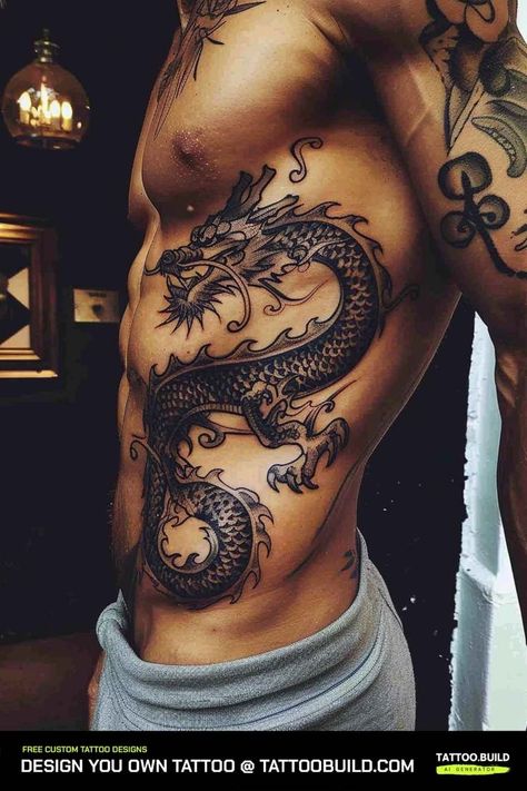 Big Tattoo Designs Men, Snake Tattoo Side Rib, Tattoo Themes Men, Tattoo For Men Back, Side Rib Tattoo Men, Back Tattoo Men Ideas, Dragon Side Tattoo, Ribcage Tattoo Men, Men's Back Tattoos