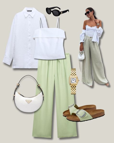 Lime Green Pants, Wardrobe Color Guide, Light Lime Green, Pants With Elastic Waist, White Linen Shirt, Wideleg Pants, Aesthetic Eyes, Hijabi Outfits, Green Pants