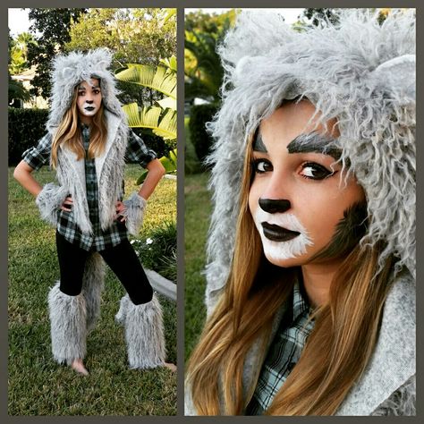 Diy wolf costume Diy Wolf Costume Women, Wolf Makeup Kids, Diy Wolf Costume Kids, Boys Wolf Costume, She Wolf Costume, Diy Wolf Costume, Girls Wolf Costume, Wolf Costume Women, Wolf Costume Diy