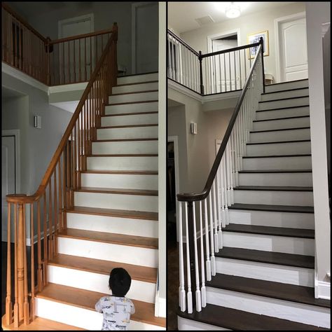 Light Floor Dark Stairs, Dark Wood Staircase, Dark Hardwood Floors, Stair Renovation, Light Floors, Open Stairs, Stair Makeover, White Stairs, Dark Trim