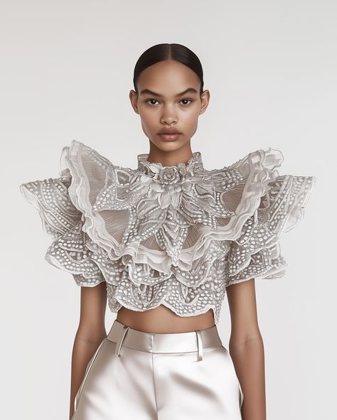 Ruffled organza blouse with intricate tiny polka dots, echoing delicate flower petals, paired with sleek satin trousers for a refined contrast of textures and sophistication. Transform your fashion label into a masterpiece of innovation and style with our bespoke AI-powered design solutions. By leveraging the precision of machine learning and the creative genius of AI, we craft truly unique and breathtaking pieces that redefine the essence of luxury fashion. To experience the symphony of art... Unique Dresses Creative, Ingenue Essence, Elegance Fashion, Organza Blouse, Creative Genius, Satin Trousers, Free People Style, Girl Things, Tech Fashion