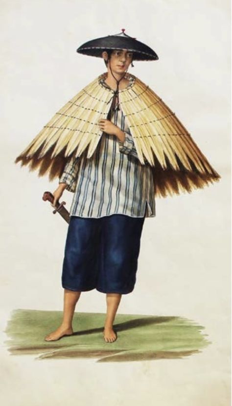 Justiniano Asunción’s untitled 19th century tipos del pais painting of a man in a striped Barong Tagalog with an esclavina over it. He also wears dark indigo knickers and a salakot on his head. He holds a bladed weapon in his right hand Katutubo Art, Philippine Mythology, Filipino Clothing, Filipino Fashion, Barong Tagalog, Filipino Art, Philippine Art, Philippines Culture, Native Dress