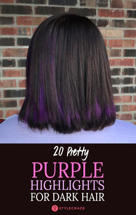 Hair Highlight Colors Chart, Subtle Purple Highlights For Dark Hair, Purple Tips On Brown Hair, Subtle Hair Color For Brunettes, Bright Highlights Brown Hair, Purple Hair Highlights Brown, Lilac Highlights Brown Hair, Hidden Highlights Hair, Brown Hair With Purple Tips