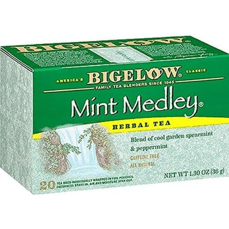 Bigelow Tea Mint Medley 20 Count (Pack of 4) Brand : bigelow tea - Brand: Bigelow Tea - Package Information: Box, Bag - Flavor: Mint - Item Form: Tea Bags - Weight: 0.25 Pounds - Just as a lovely waterfall brings a sense of refreshment to your eyes and ears, Mint Medley will bring this same quality to your sense of taste. Enjoy Mint Medley -- its lively flavor refreshes any time of day. 20 individually foil wrapped tea bags per box. - Caffeine Status: 0mg Mint Herb, Bigelow Tea, Natural Caffeine, Vanilla Chai, Herbal Tea Blends, Herb Tea, Mint Tea, Peppermint Leaves, Tea Brands