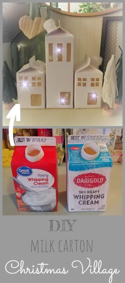 Christmas Carton Decorations, Milk Carton Houses Christmas, Christmas Milk Carton Crafts, Cardboard Village Diy, Milk Carton Christmas Village, Upcycle Milk Carton, Cardboard Christmas Village Diy, Gingerbread House Milk Carton, Diy Christmas Houses Village