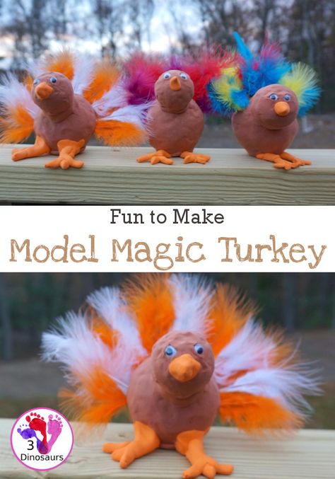 Fun To Make Model Magic Turkey | 3 Dinosaurs Clay Turkey, Clay Projects Kids, Turkey Crafts For Preschool, Turkey Easy, 3 Dinosaurs, School Art Activities, Thanksgiving Activities For Kids, Fun Fall Crafts, Model Magic