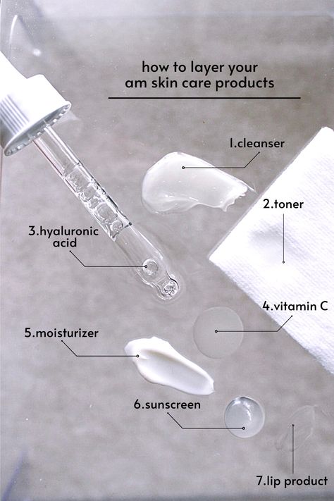 Swatches of skin care products depicting how to layer: cleanser, toner, hyaluronic acid, vitamin c, moisturizer, sunscreen, lip product. Skincare Websites, Hyaluronic Acid Benefits, The Best Skin Care Products, Skin Care Ingredients, Skin Lightener, Skin Care Guide, Best Skin Care Products, Serious Skin Care, Skin Care Tutorial