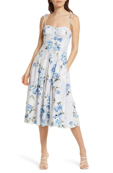 Willow Raissa Tie Strap Midi Dress available at #Nordstrom Floral Tea Length Dress, Tie Strap Midi Dress, Floral Print Gowns, Romantic Floral Print, Printed Wrap Dresses, Tea Length Dresses, Midi Length Dress, Sweetheart Neck, Linen Dresses