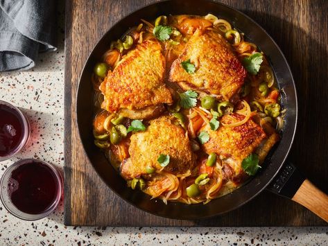 Braised Chicken Thighs with Apricots and Green Olives Chicken With Apricots, Cooking Chicken Thighs, Braised Chicken Thighs, Ways To Cook Chicken, Olive Recipes, Fried Chicken Sandwich, Braised Chicken, Green Olives, Seasoning Recipes