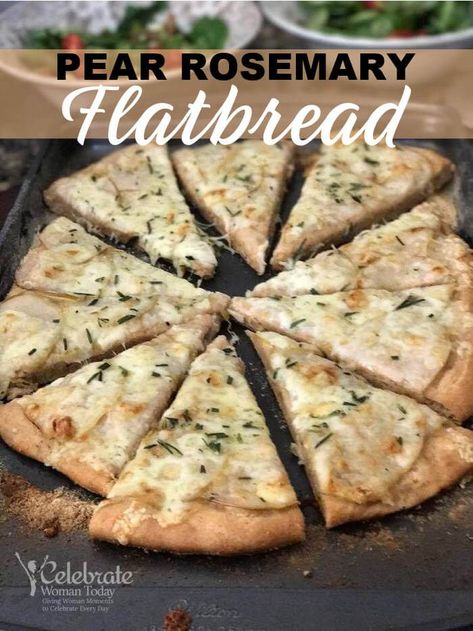 Homemade baked Pear Rosemary Flatbread is perfect for an easy dinners. This recipe uses a homemade bread crust which is delicious. Celebrate family time and offer to your guests, too. #flatbread #appetizer #bread #rosemary #rosemarybread #pearflatbread #dinnerrecipe #easydinner #recipes #breadrecipe Bread Rosemary, Rosemary Flatbread, Appetizer Bread, Baked Pear, Bread Crust, Savory Bread Recipe, Flatbread Recipe, Rustic Recipes, Garden Herbs