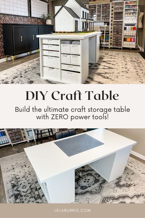 craft storage table tutorial no power tools Diy Craft Table With Storage, Large Craft Table, Diy Storage Desk, Craft Table With Storage, Diy Craft Table, Craft Table Ikea, Basement Craft Rooms, Office Craft Room Combo, Craft Room Desk