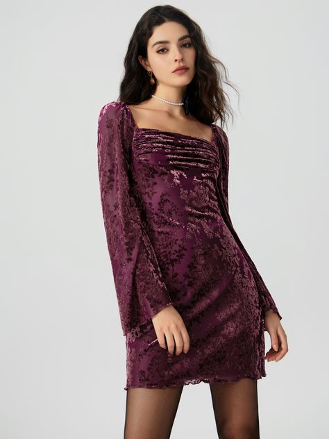 Floral Hoco Dress, Design For Coffee Shop, Merlot Dress, Wine Dress, Banquet Dresses, Flowy Mini Dress, Flare Sleeve Dress, Unique Outfit, Ruched Mini Dress