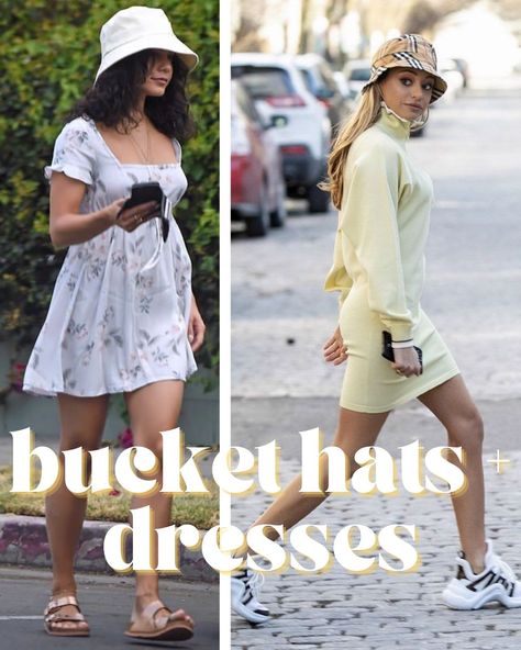 39 Examples Of How To Wear A Bucket Hat - ljanestyle Bucket Hat Dress Outfit, White Bucket Hat Outfit Summer, Bucket Hat Summer Outfit, Black Bucket Hat Outfit, White Bucket Hat Outfit, Outfits With Bucket Hats, Denim Skirt Outfit Summer, Hat Outfit Summer, Bucket Hat Outfit